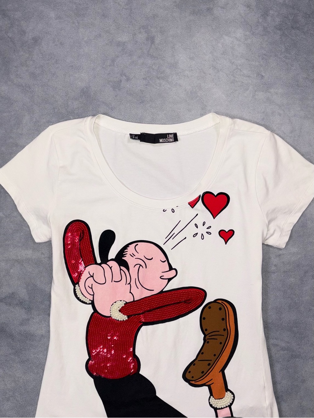 Love Moschino Popeye Olive Oyl Y2K Sequin Hear Cartoon Graphic White T Shirt - Picture 3 of 10